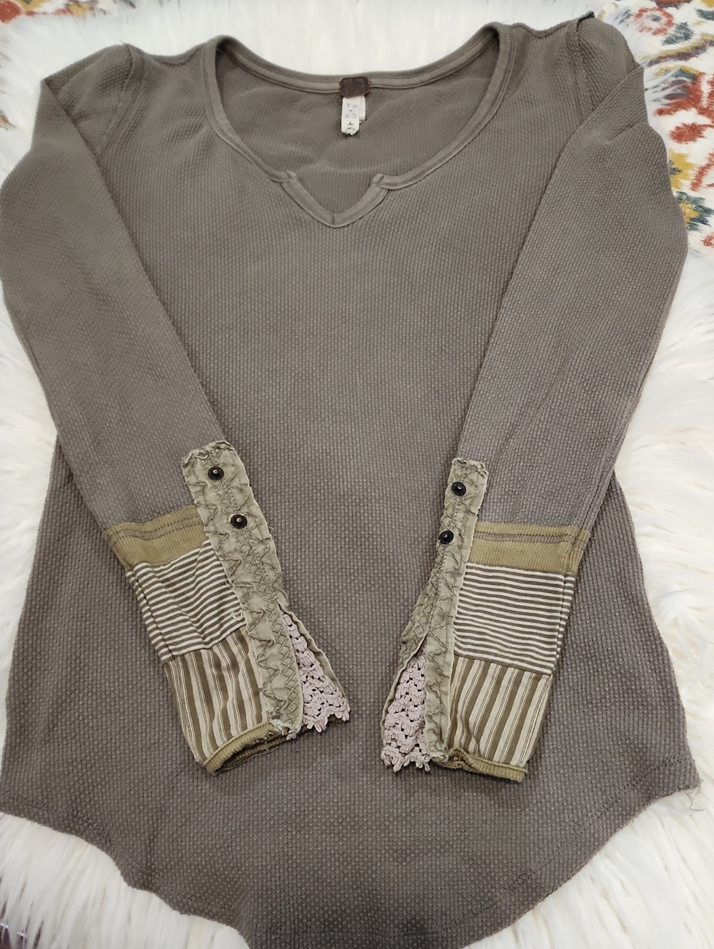 We The Free Taupe Waffle-Knit Long Sleeve Top with Patchwork Cuffs